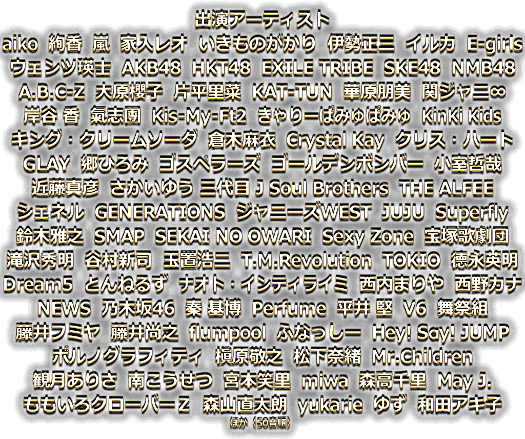 出演アーティスト　aiko  絢香  嵐  家入レオ  いきものがかり  伊勢正三  イルカ  E-girls　ウェンツ瑛士  AKB48  HKT48  EXILE TRIBE  SKE48  NMB48　A.B.C.-Z  大原櫻子  片平里菜  KAT-TUN  華原朋美  関ジャニ∞　岸谷 香  氣志團  Kis-My-Ft2  きゃりーぱみゅぱみゅ  KinKi Kids　キング・クリームソーダ  倉木麻衣  Crystal Kay  クリス・ハート　GLAY  郷ひろみ  ゴスペラーズ  ゴールデンボンバー  小室哲哉　近藤真彦  さかいゆう 三代目 J Soul Brothers  THE ALFEE　シェネル  GENERATIONS  ジャニーズWEST  JUJU  Superfly　鈴木雅之  SMAP  SEKAI NO OWARI  Sexy Zone  宝塚歌劇団　滝沢秀明  谷村新司  玉置浩二  T.M.Revolution  TOKIO  德永英明　Dream5  とんねるず  ナオト・インティライミ  西内まりや  西野カナ　NEWS  乃木坂46  秦 基博  Perfume  平井 堅  V6  舞祭組　藤井フミヤ  藤井尚之  flumpool  ふなっしー  Hey! Say! JUMP　ポルノグラフィティ  槇原敬之  松下奈緒  Mr.Children　観月ありさ  南こうせつ  宮本笑里  miwa  森高千里  May J.　ももいろクローバーＺ  森山直太朗  yukarie  ゆず  和田アキ子　ほか（50音順）