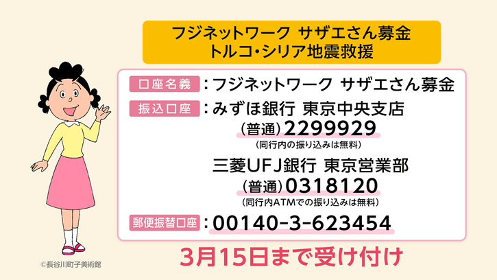 フジネットワーク サザエさん募金『トルコ・シリア地震 被災地救援』