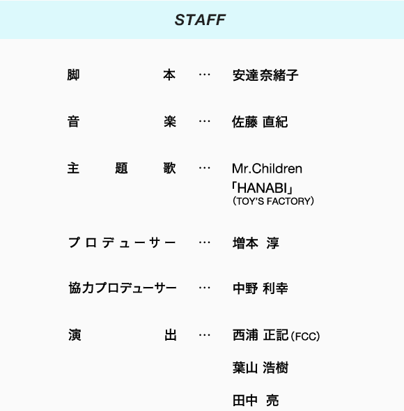 STAFF 脚本…安達奈緒子 音楽…佐藤 直紀 プロデューサー…増本淳 協力プロデューサー…中野 利幸 演出 … 西浦正記（FCC）葉山浩樹 田中亮