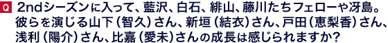 ２ndシーズンに入って、藍沢、白石、緋山、藤川たちフェローや冴島。彼らを演じる山下（智久）さん、新垣（結衣）さん、戸田（恵梨香）さん、浅利（陽介）さん、比嘉（愛未）さんの成長は感じられますか？