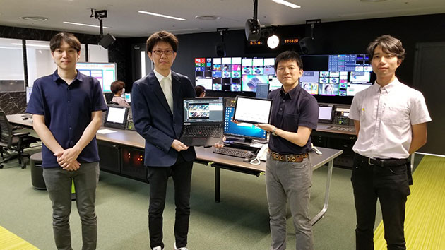 総合コンテンツ管理システムプロジェクトメンバー 左から)伊東北斗(デジタルコンテンツ部)、井村紀彦(放送部)、北澤弘行(放送部)、永田祐之(放送部)