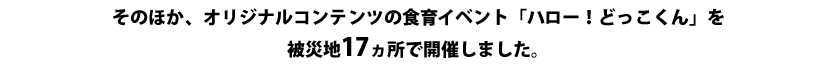 そのほかオリジナルコンテンツの食育イベント『ハロー！どっこくん。』を被災地17ヵ所で開催しました。