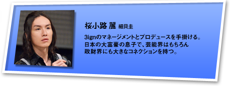 桜小路 麗 ：3ignのマネージメントとプロデュースを手掛ける。日本の大富豪の息子で、芸能界はもちろん政財界にも大きなコネクションを持つ。