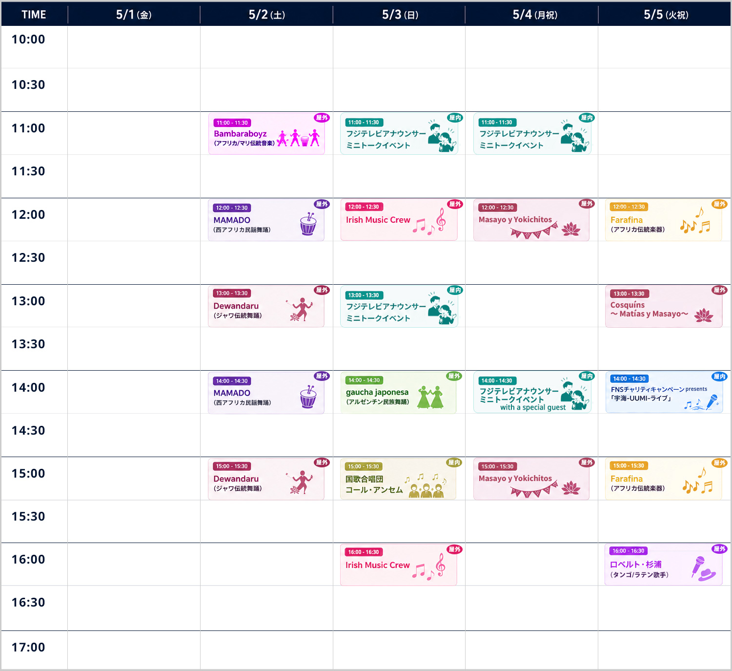 LIVE PERFORMANCE TIMETABLE