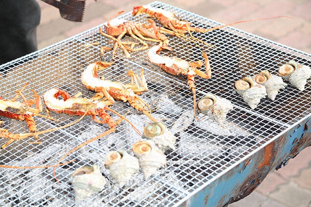 二人が撮ってきた海老とサザエを焼いて食べました