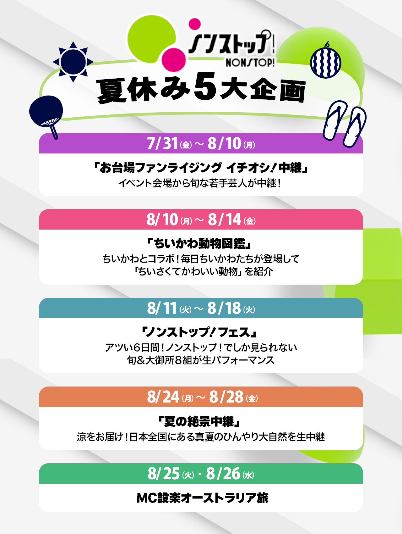 「ノンストップ！夏休み5大企画」 7/31(金)～8/10(月) 「お台場ファンライジング イチオシ！中継」 イベント会場から旬な若手芸人が中継！ 8/10(月)～14(金) 「ちいかわ動物図鑑」 ちいかわとコラボ！毎日ちいかわたちが登場して「ちいさくてかわいい動物」を紹介 8/11(火)～18(火) 「ノンストップ！フェス」 アツい６日間！ノンストップ！でしか見られない旬＆大御所８組が生パフォーマンス 8/24(月)～28(金) 「夏の絶景中継」 涼をお届け！日本全国にある真夏のひんやり大自然を生中継 8/25(火)～26(水) MC設楽オーストラリア旅