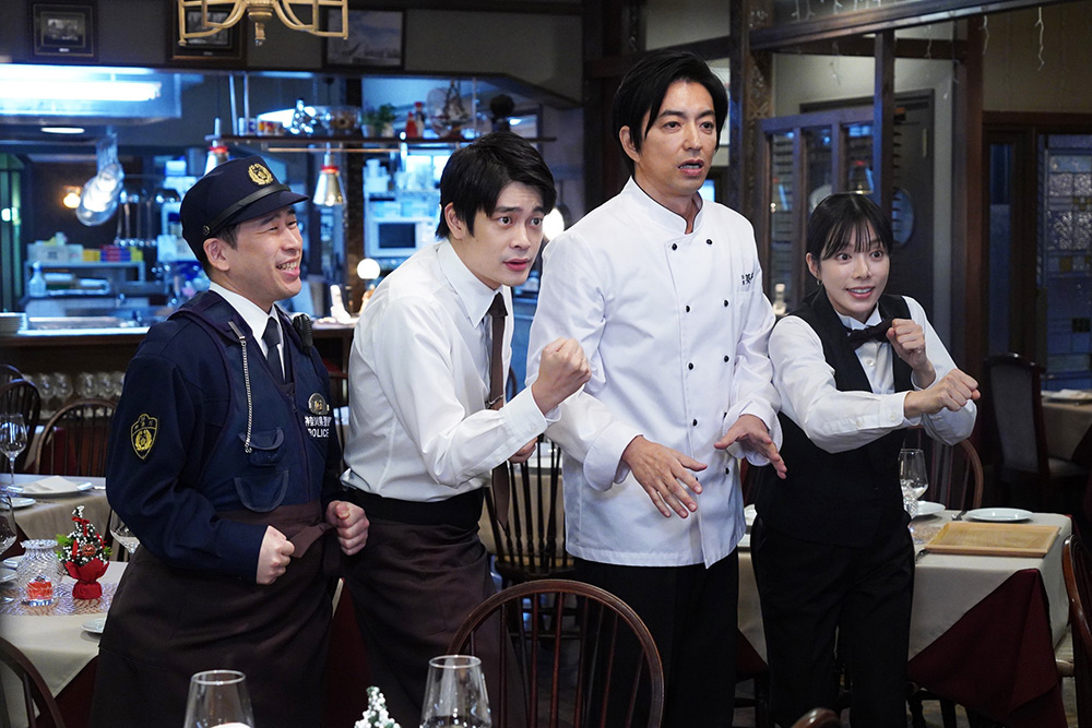 ONE DAY~聖夜のから騒ぎ~ 立葵時生(大沢たかお)、竹本梅雨美(桜井ユキ)、細野一(井之脇海)、山田隆史(今井英二)