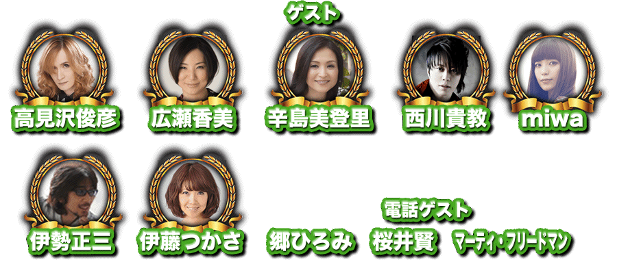 ゲスト：伊勢正三　伊藤つかさ　辛島美登里　高見沢俊彦　広瀬香美　西川貴教　miwa／電話ゲスト：郷ひろみ　桜井賢　マーティ・フリードマン