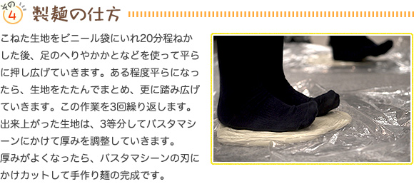 その４…製麺の仕方。こねた生地をビニール袋にいれ20分程ねかした後、足のへりやかかとなどを使って平らに押し広げていきます。ある程度平らになったら、生地をたたんでまとめ、更に踏み広げていきます。この作業を3回繰り返します。出来上がった生地は、3等分してパスタマシーンにかけて厚みを調整していきます。厚みがよくなったら、パスタマシーンの刃にかけカットして手作り麺の完成です。