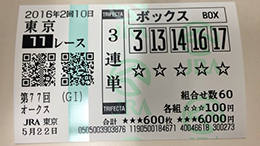 みんなのKEIBA みんなの３連単５頭BOX予想 オークス 馬券画像