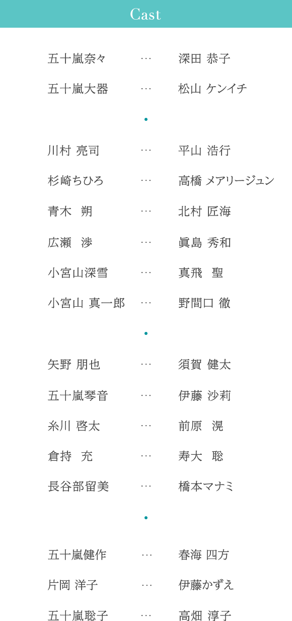 Cast 五十嵐奈々…深田 恭子 五十嵐大器…松山 ケンイチ 川村 亮司…平山 浩行 杉崎ちひろ… 高橋 メアリージュン 青木 朔…北村 匠海  広瀬 渉…眞島 秀和 小宮山深雪…真飛 聖 小宮山 真一郎…野間口 徹 矢野 朋也…須賀 健太 五十嵐琴音…伊藤 沙莉 糸川 啓太…前原 滉 倉持 充…寿大 聡  長谷部留美…橋本マナミ 五十嵐健作…春海 四方 片岡 洋子…伊藤かずえ 五十嵐聡子…高畑 淳子