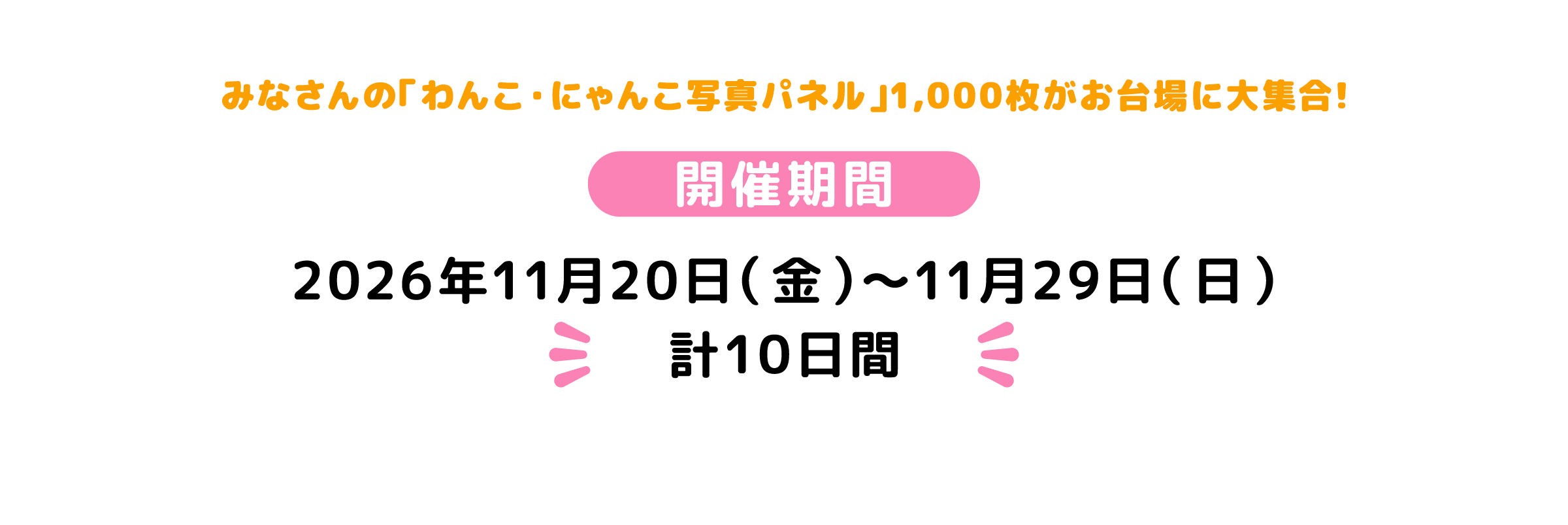 みなさんの「わんこ・にゃんこ写真パネル」1,000枚がお台場に大集合！ 開催期間 2026年11月20日（金）〜11月29日（日） 計10日間