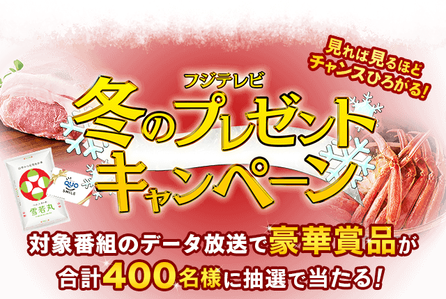 フジテレビー冬のプレゼントキャンペーンー見れば見るほどチャンスがひろがる！対象番組のデータ放送で豪華賞品が合計400名様に抽選で当たる！