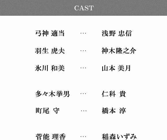 CAST 弓神適当…浅野忠信 羽生虎夫…神木隆之介 氷川和美…山本美月 多々木挙男…仁科貴 町尾　守…橋本淳 菅能理香…稲森いずみ