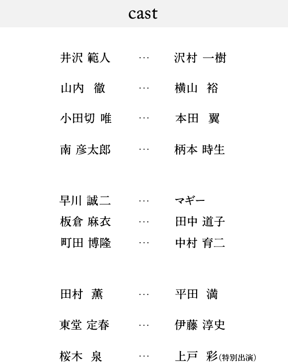 Cast 井沢 範人…沢村 一樹  山内 徹…横山 裕  小田切 唯…本田 翼  南 彦太郎…柄本 時生  早川 誠二…マギー  板倉 麻衣…田中 道子  町田 博隆…中村 育二  田村 薫…平田 満  東堂 定春…伊藤 淳史  桜木 泉…上戸 彩（特別出演）